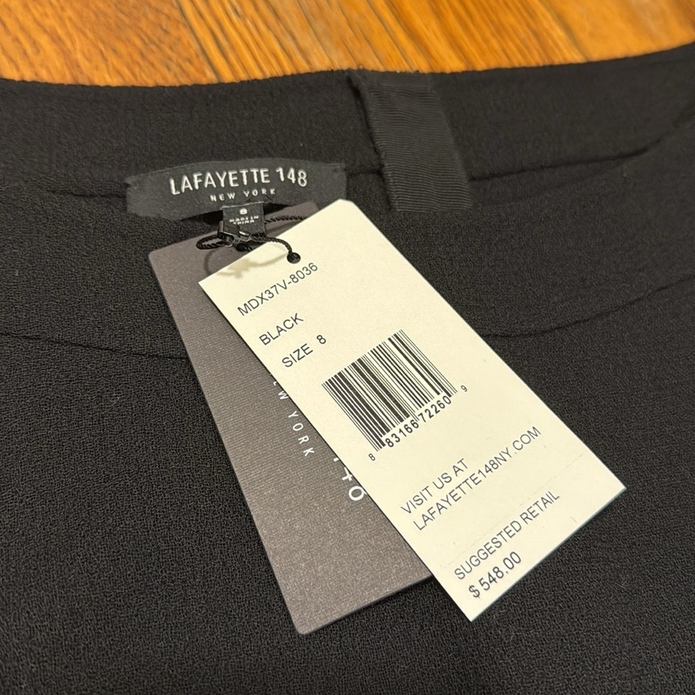 NWT Lafayette 148 crepe bateau neck shift dress 100% wool black size 8 office - Picture 4 of 9